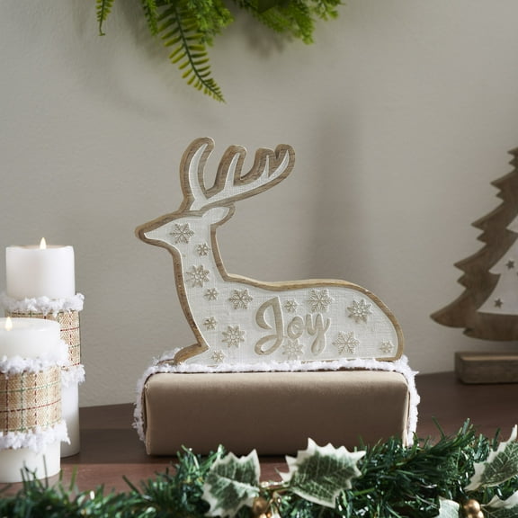 VHC Brands White Washed Joy Natural Wooden Reindeer 7x8x1