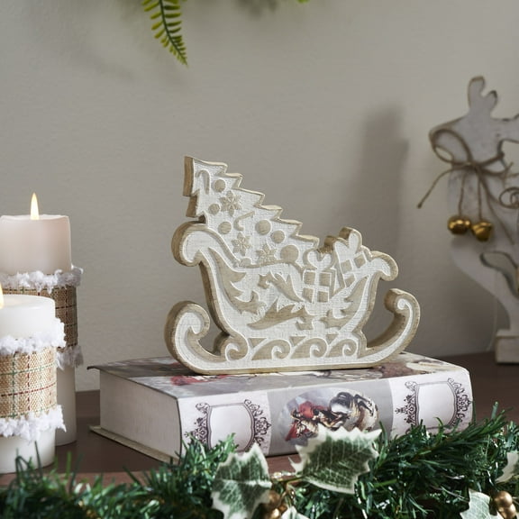 VHC Brands White Washed Santa on Duty Natural Wooden Sleigh 7x6x1