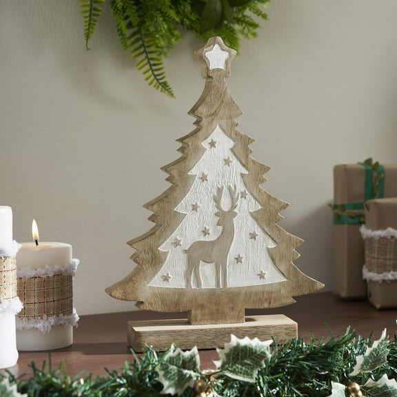 VHC Brands White Washed Winter Frolic Natural Wooden Tree 12x9x2.5