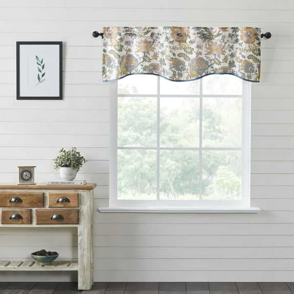 VHC Brands Wilder, Farmhouse Window Valance Curtain, Scalloped, Floral, Blue & Green, 18x60
