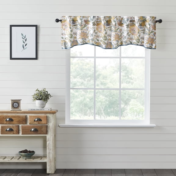 VHC Brands Wilder, Farmhouse Window Valance Curtain, Scalloped, Floral, Blue & Green, 18x72