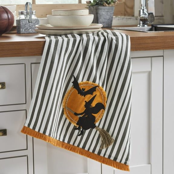 VHC Brands Witching Hour Tea Towel, Fall and Halloween Dish Towel, Primitive Kitchen Decor Pumpkin Orange, Deep Black, Grey, 19x28