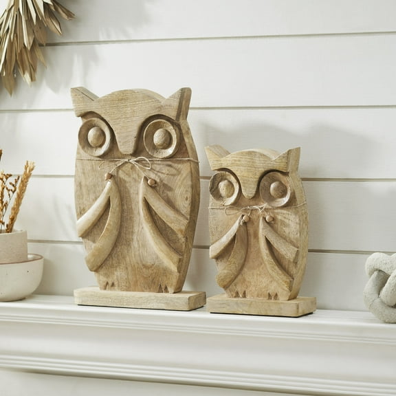 VHC Brands Wooden Owl Natural Set of 2 - 9.75 and 13.25 inch, Fall Home Decor for Tables and Shelves, Indoor Decorations for Tabletop Natural Light