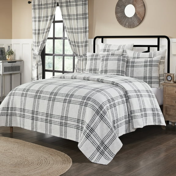 VHC Brands Woven Plaid Modern Farmhouse Coverlet, Black, King 97x110
