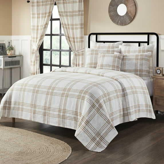 VHC Brands Woven Plaid Modern Farmhouse Coverlet, Wheat, King 97x110