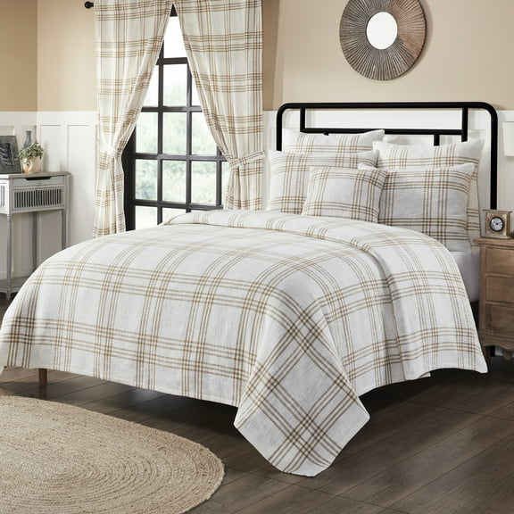 VHC Brands Woven Plaid Modern Farmhouse Coverlet, Wheat, King 97x110