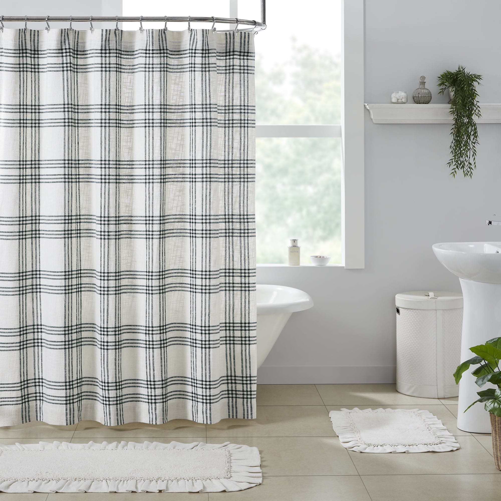 Pine Green and White Plaid Cotton Blend Shower Curtain 72x72
