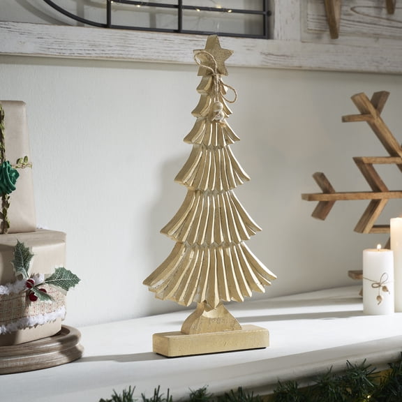 VHC Brands Yuletide Glow Brushed Gold Wooden Tree 21x10.25x2
