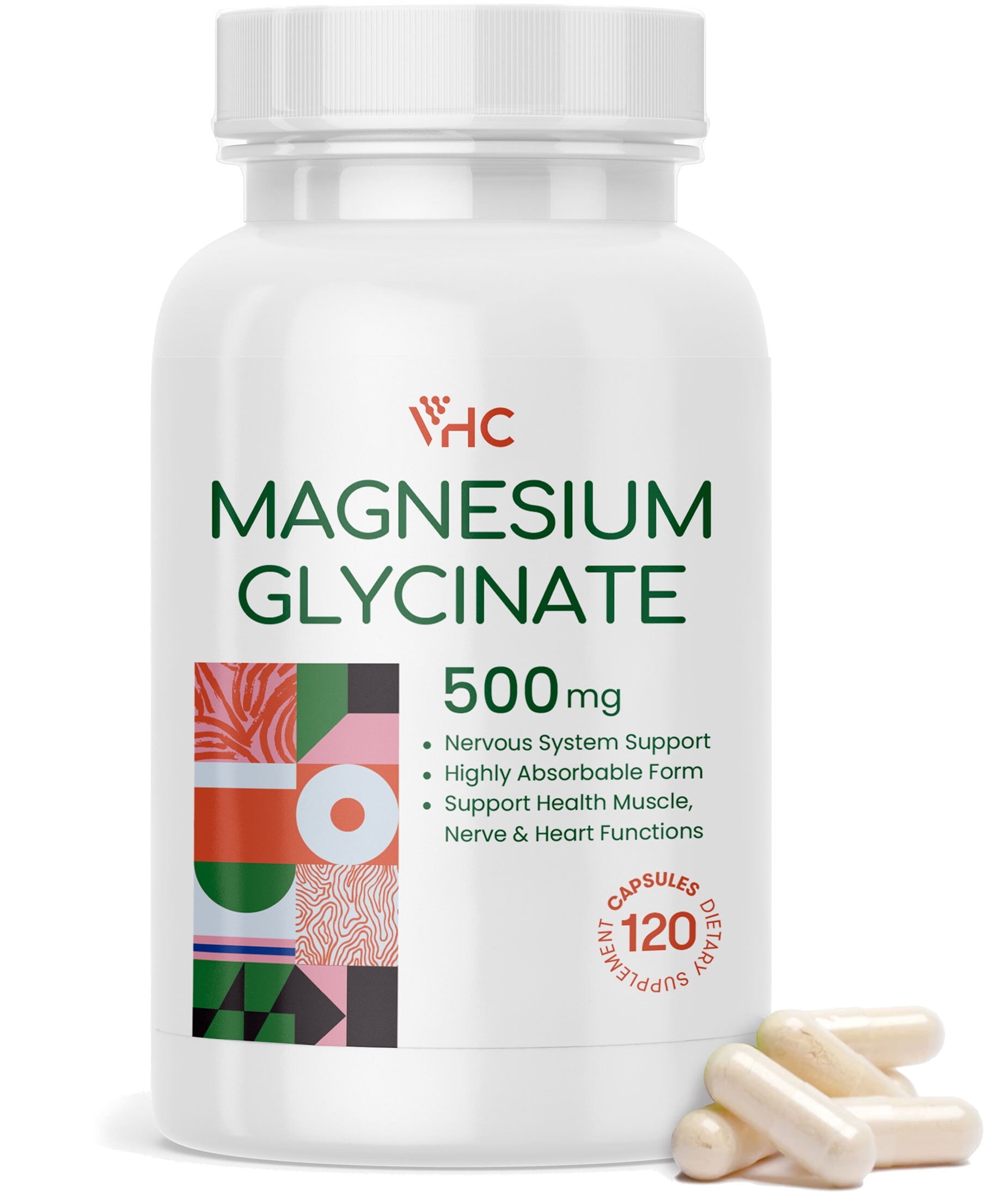 VHC Magnesium Glycinate Supplement 500mg, High Absorption Chelated Formula 120 Capsules, Made in USA