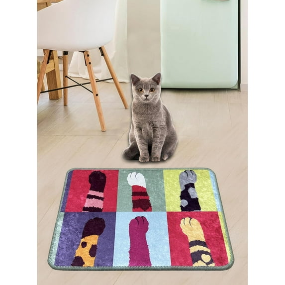 VHD Cat Food Mat – Fun Pattern Placemats for Cats, Feeding Mats, Pet Food and Water Bowl Mat, Water Repellent, Non-Slip, Machine Washable 23.5 x 15.5 in (60 x 39 cm) (Colorful Cat Paws)