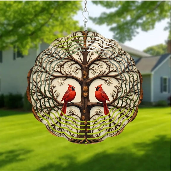 VHELLOYOUNG Cardinal Tree Wind Chime Flat Metal Hanging Art with Red Birds & Golden Branches, Indoor Outdoor Garden Decor, Wedding Anniversary Christmas Valentine's Gift for Couples