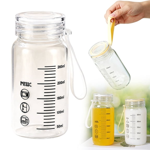 VHXWUGN 1 Pack Glass Water & Juice Bottles with Lid Leak Proof, Reusable Borosilicate Glass Jars for Juicing, Smoothie, Milk, Coffee, Measurement Markings, White 260ml