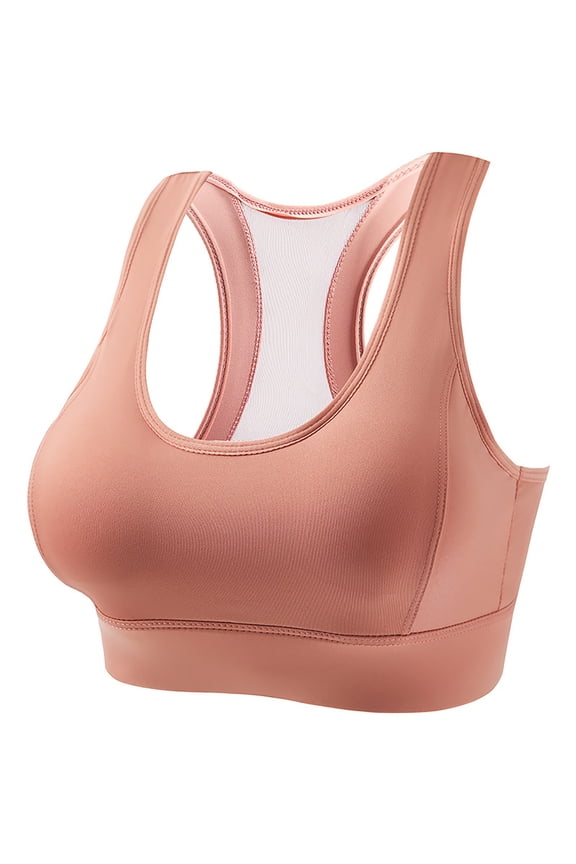 Women Low Impact Yoga Sports Bra Mesh Design V Neck Racerback Padding Wide Band for Support Tank Top, Pink L
