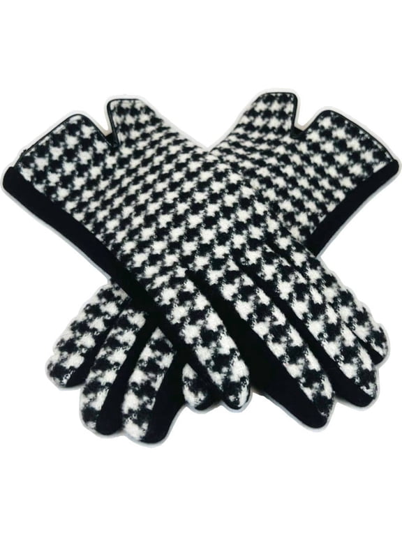 Womens Houndstooth Winter Gloves Black & White, Soft Cozy Fit