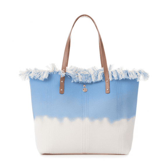 VIA FIORE Womens Blue Ombre Canvas Beach Tote Bag with Fringe & Shoulder Straps