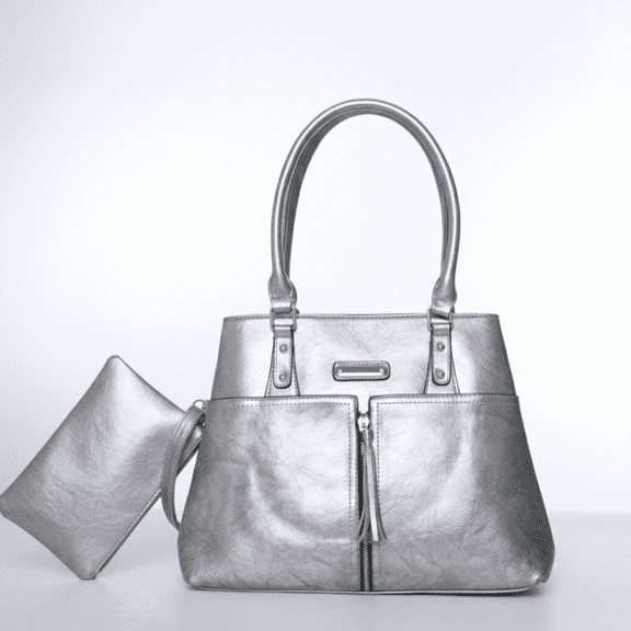 VIA FIORE Womens Metallic Silver Tote Handbag with Matching Wristlet Pouch
