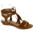 thumbnail image 1 of VIA PINKY ARLEEN-12 Women's Front Lace Up Fringe Ankle Strap Low Heel Sandals, Tan, 6.5, 1 of 4