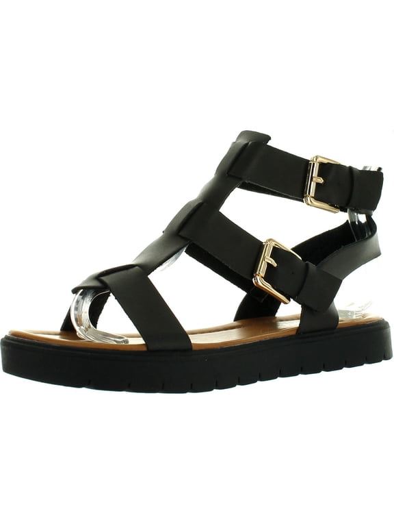 FALLON-06 Women's Open Toe Strap Flat Gladiator Sandals, Black, 6