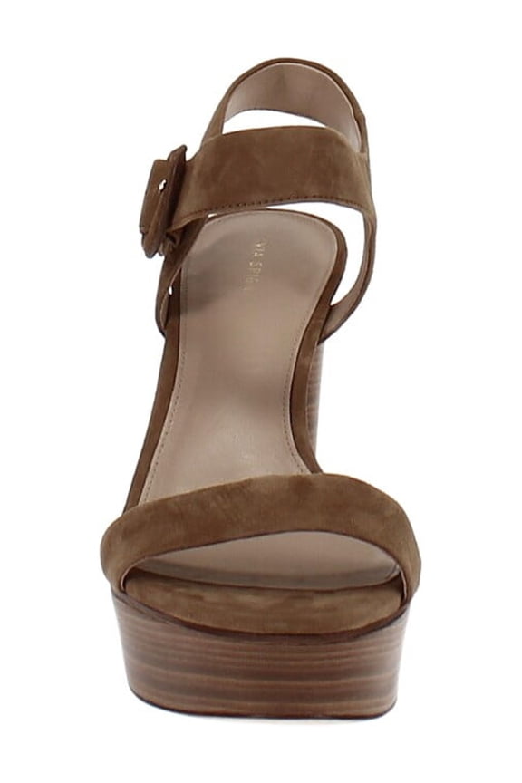 Womens Beige 1-0.5" Platform Adjustable Strap Cushioned Ira Almond Toe Block Heel Buckle Suede Dress Sandals Shoes 6.5 M