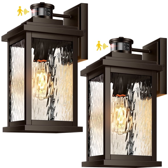 VIANIS 2 Pack Large Motion Sensor Outdoor Lights, Bronze Adjustable-Sensitivity Porch Light with Tempered Ripple Glass, Aluminum Waterproof Exterior Lights for Garage, Garden, Front Door