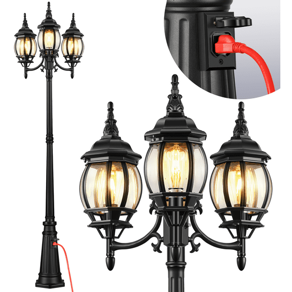 VIANIS 3-Head Outdoor Lamp Post Light with Outlet, Triple Head Black Street Light Pole with Dusk to Dawn Sensor, Waterproof 100% Aluminum Modern Pole Lighting Fixture for Porch, Garden, Yard