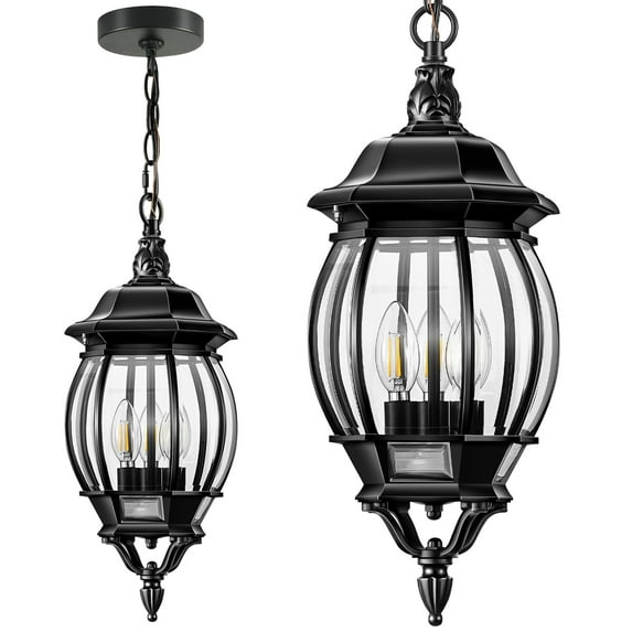 VIANIS 3-Light Large Pendant Light Fixtures, Modern Exterior Hanging Lantern Light, Waterpoof Matter Black Outdoor Chandelier for Porch with Adjustable Chain, Outdoor Ceiling Lights for Front Patio