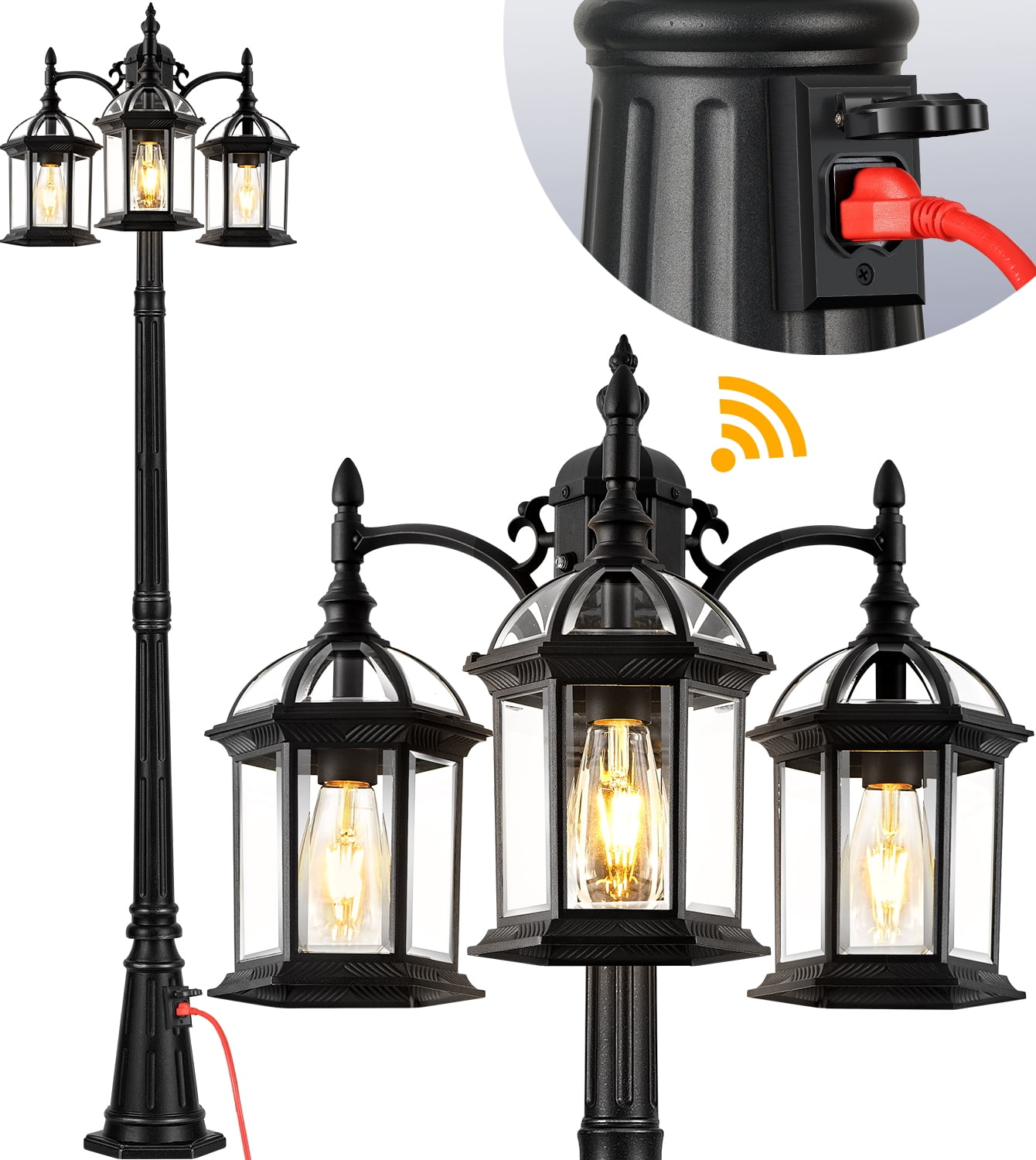 VIANIS 82.9" H Dusk to Dawn Lamp Posts Outdoor Lighting with Outlet, Black 3-Head Outdoor Post Lights, Waterproof Anti-Rust Outdoor Street Light Fixtures for Garden Yard(Hardwired 120VAC)