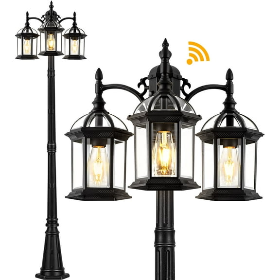 VIANIS 82.9" H Outdoor  lamp Post Light, Black Dusk to Dawn outdoor light pole with 3-Head, 100% Aluminum Waterproof Anti-Rust Outdoor Street Light Fixtures for Garden Driveway(Hardwired 120VAC)