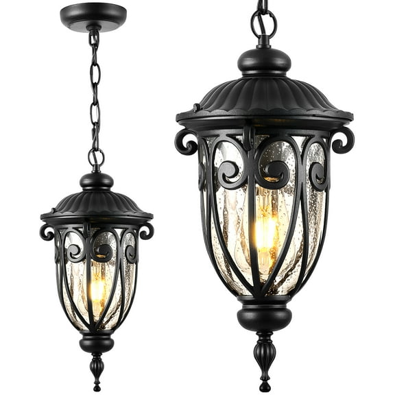 VIANIS Black Outdoor Pendant Light Lantern, Modern Chandelier with Seed Glass, Outdoor Ceiling Lights for Porch, House, Garden, Entryway