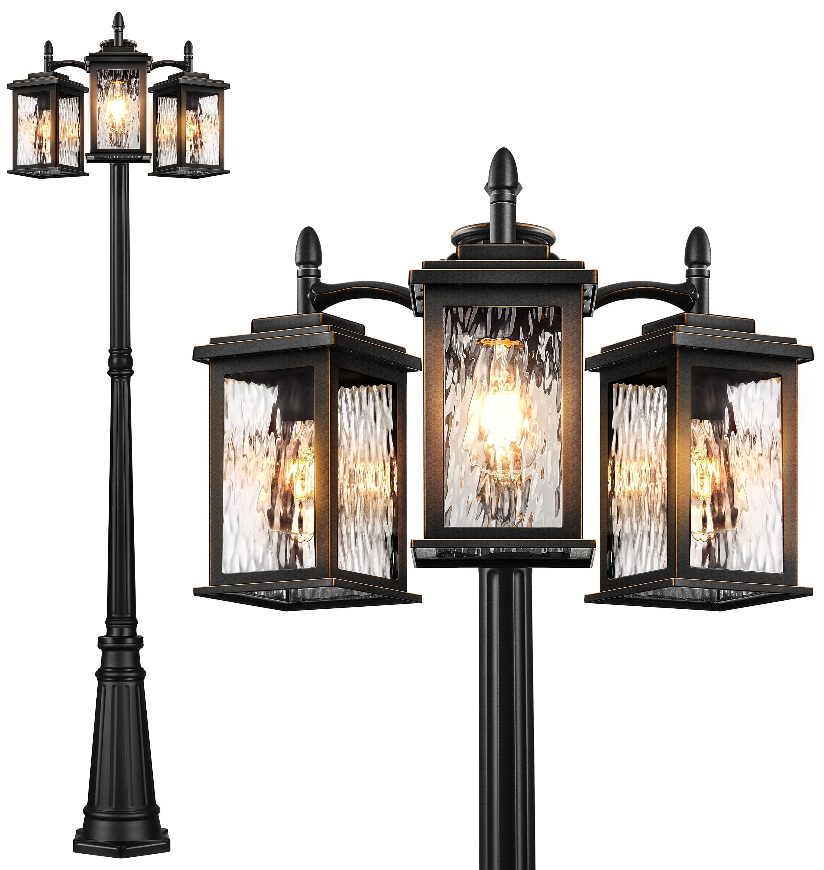 VIANIS Dusk to Dawn Lamp Posts Outdoor Lighting, Triple Head Street Light Pole Lamp for Outside, Waterproof Outdoor Post Light Fixtures Black with Tempered Ripple Glass for Garden Yard Patio Driveway
