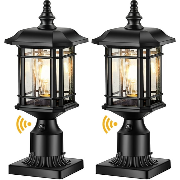 VIANIS Dusk to Dawn Outdoor Post Lights, 2 Pack Modern Exterior Lamp Post Light Fixture with Pier Mount, Black Post Light Fixture with Tempered Glass for Garden Patio (Hardwired 120V, Not Solar)