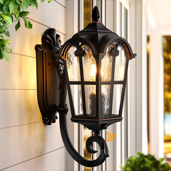 VIANIS Dusk to Dawn Outdoor Wall Mount Lights, Black Outside House Lights with Water Ripple Glass, 100% Aluminum Waterproof Exterior Light for House, Porch, Patio