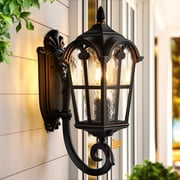 VIANIS Dusk to Dawn Outdoor Wall Mount Lights, Black Outside House Lights with Water Ripple Glass, 100% Aluminum Waterproof Exterior Light for House, Porch, Patio