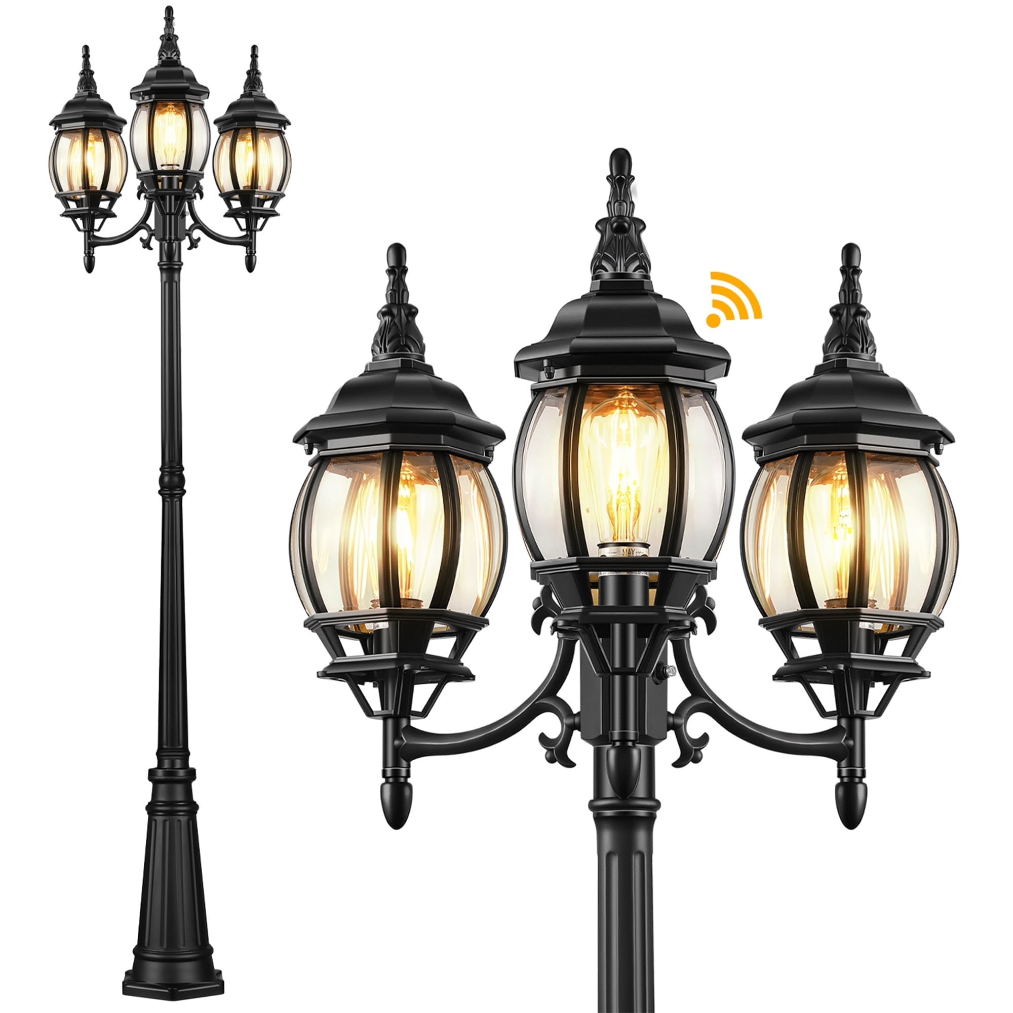 VIANIS Lamp Posts Outdoor Lighting, 3-Head Lights for Outside with E26 Socket, Dusk To Dawn Sensor Street Light With Tempered Glass Panels For Backyard, Garden, Christmas Lights