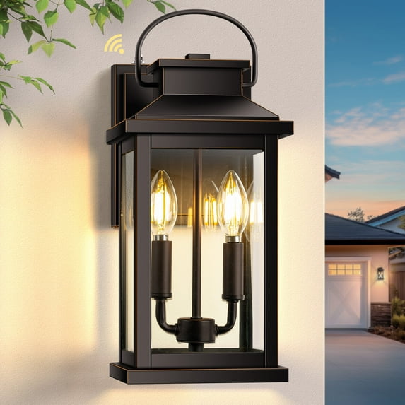 VIANIS Large Outdoor Light Fixture Wall Mount, Dusk to Dawn Front Door Exterior Wall Sconce Lantern Oil Rubbed Bronze Gold Trim, E12 2-Light Farmhouse Outside Wall Lights for House Porch Patio Garage