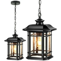 VIANIS Large Outdoor Pendant Light, Black Outdoor Chandelier Lantern, Anti-Rust Outdoor Hanging Lights, Porch Lights Outdoor Ceiling with Tempered Seed Glass for House
