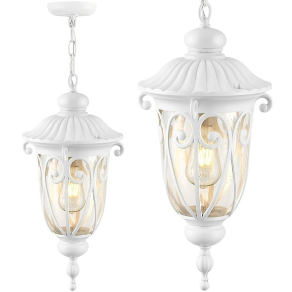 VIANIS Large Outdoor Pendant Light Lantern, White Modern Outdoor Chandelier, Handcrafted Hanging Outdoor Lights with Seed Glass, Outdoor Ceiling Lights for Porch, House, Doorway, Garden, Entryway