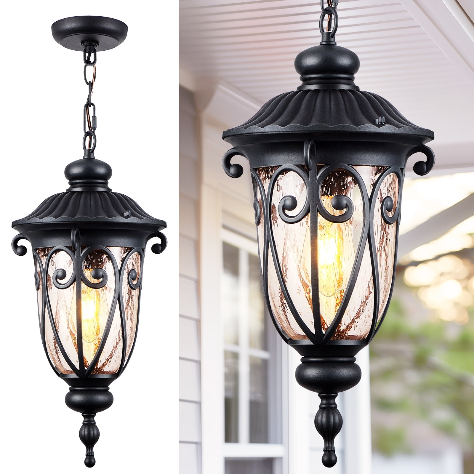 VIANIS Large Outdoor Pendant Lights, Black Hanging Porch Light Fixture ...