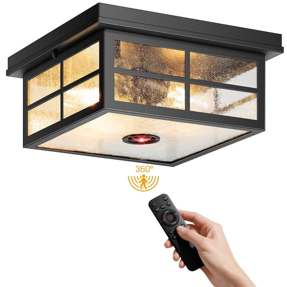 VIANIS Motion Sensor Outdoor Ceiling Light with Remote Control, 2-Light Black Modern Outdoor Flush Mount Light for Garage, Porch, Entryway, Square