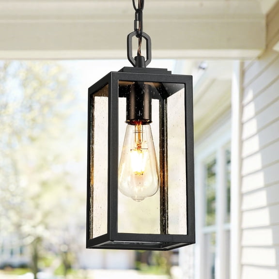 VIANIS Outdoor Hanging Porch Light, Black Adjustable outdoor pendant lighting with Tempered Seeded Glass, Anti-Rust Waterproof Outdoor Chandelier Light for Gazebo, Front Porch, Patio