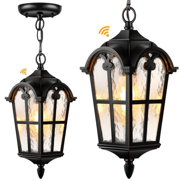 VIANIS Outdoor Hanging Porch Light with Adjustable Chain, Vintage ORB Pendant Light Fixtures with Gold Trim, Aluminum Waterproof Outdoor Chandelier for Porch