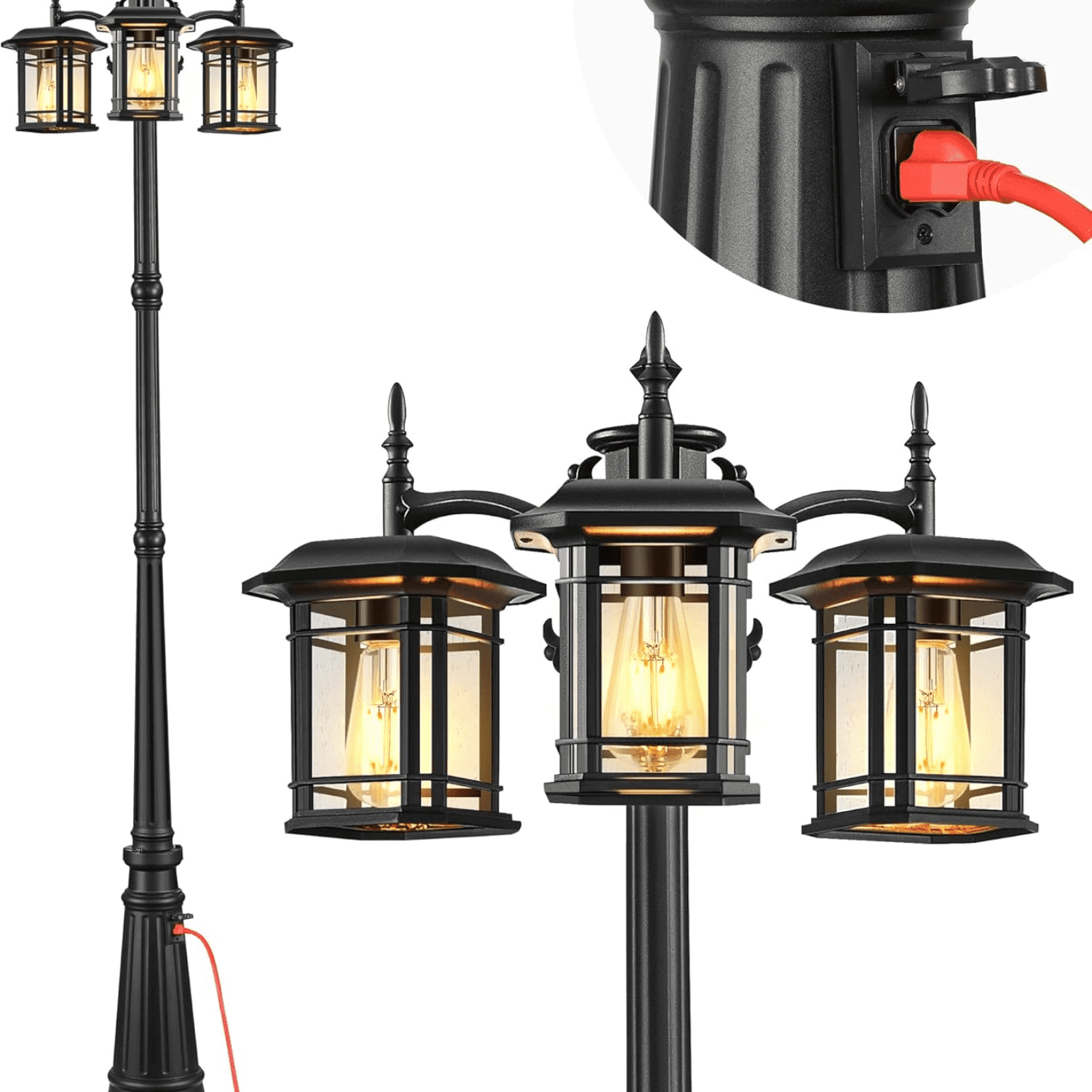 VIANIS Outdoor Lamp Post Light with Outlet 3-Head, Waterproof Outdoor Lamp Post Sconce, Anti-Rust Black Dusk to Dawn Street Light Pole for Garden, House, Doorway, Weather Resistant