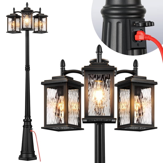 VIANIS Outdoor Lamp Post Light with Outlet, Waterproof Dusk to Dawn Lamp Posts Outdoor Lighting 3-Head, Anti-Rust Black Street Light for Garden, House, Doorway, Weather Resistant