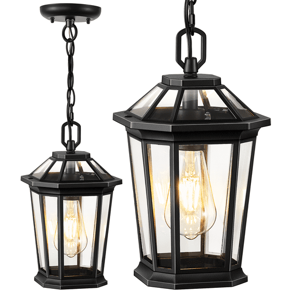 VIANIS Outdoor Pendant Lights, Modern Hanging Outdoor Lights Lantern, Aluminum Porch Lights Ceiling, Black Outdoor Chandelier for Porch with Clear Glass for House Doorway