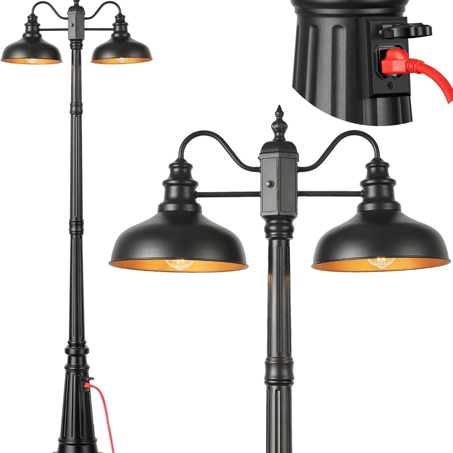 VIANIS Outdoor Post Light with Outlet 2-Head, Waterproof Ooutdoor Light Post Lamp, Anti-Rust Black Dusk to Dawn Light Posts for Outside for Garden, House, Doorway, Weather Resistant, Farmhouse Style