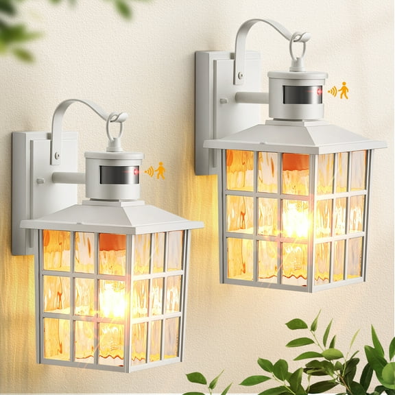 VIANIS White Motion Sensor Exterior Wall Lantern, 2 Pack Dusk to Dawn Outdoor Light Fixture Wall Mount, Anti-Rust Modern Outdoor Wall Sconce Lighting for House Front Porch Garage with Tempered Glass
