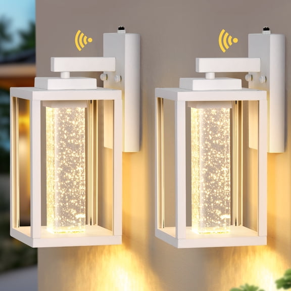 VIANIS White Outdoor Garage Lights Wall Mount, 2 Pack Dusk to Dawn Exterior Porch Lighting Fixtures for House with 10W LED Crystal Bubble Glass, Modern Anti-Rust Outdoor Wall Sconce Lanterns