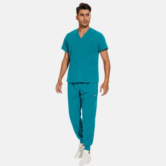 VIAOLI Medical Men' Scrubs Set - V-Neck Top with Jogger Pants & Multi-Pocket Design for Nursing & Doctors