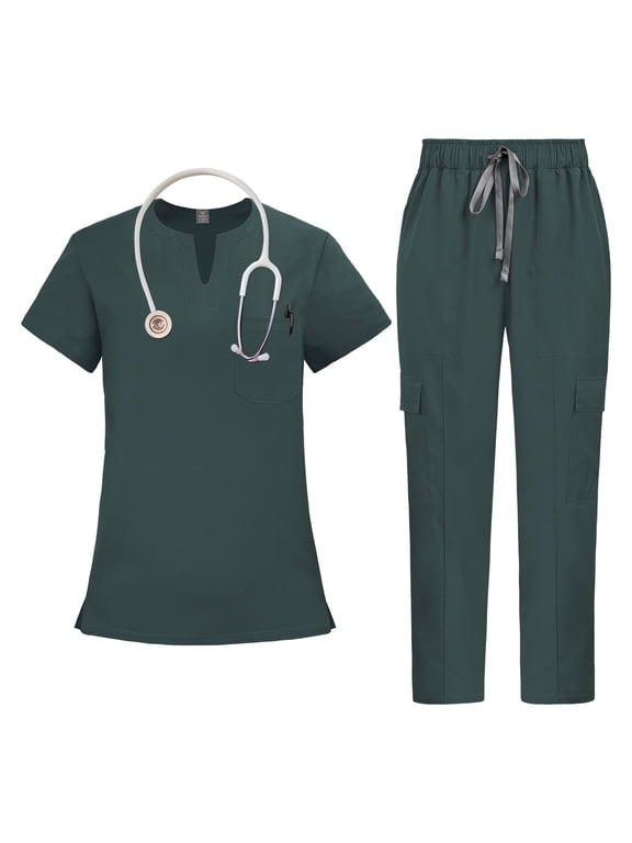 Medical Scrubs Set for Women - V-Neck Top with Drawstring Scrub Pants for Nurse Uniform, 10 Colors