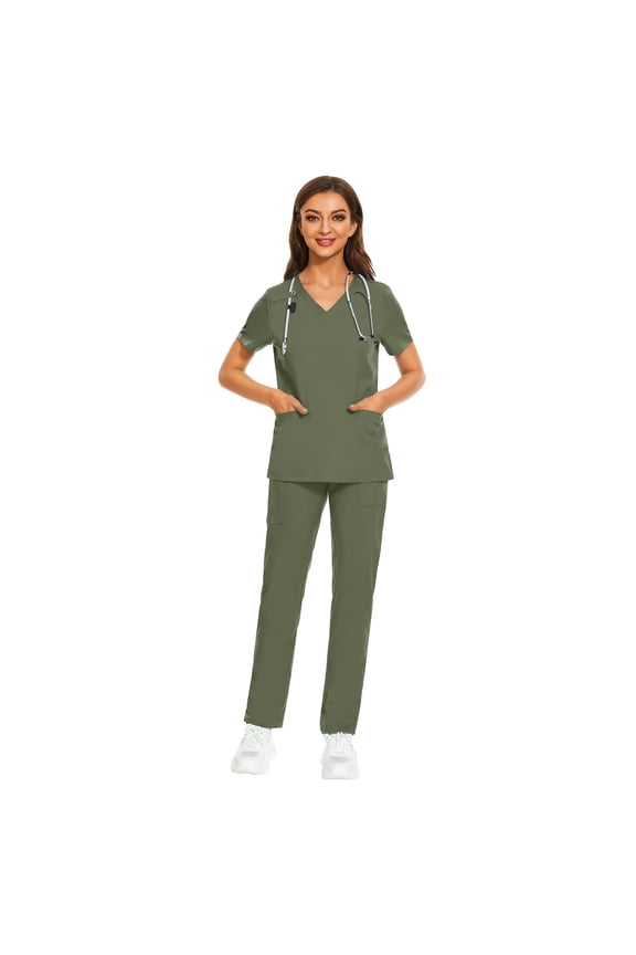 Medical Scrubs for Women Set – V-Neck Top & Straight-leg Pants with Drawstring Waist for Nurse Uniform, 9 colors